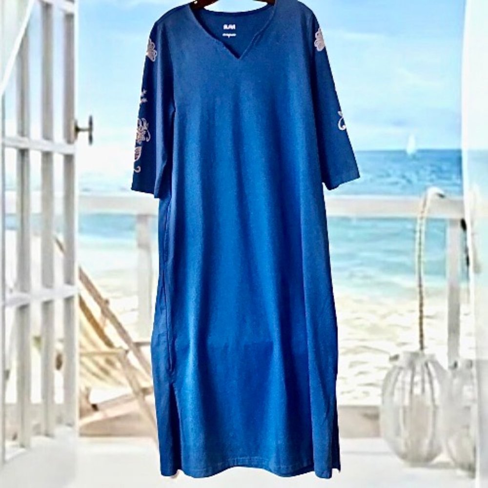 BLAIR Blue Pocket Knit Dress Midi Shift V-Neck Floral Sleeves Womens Med… - Picture 3 of 9
